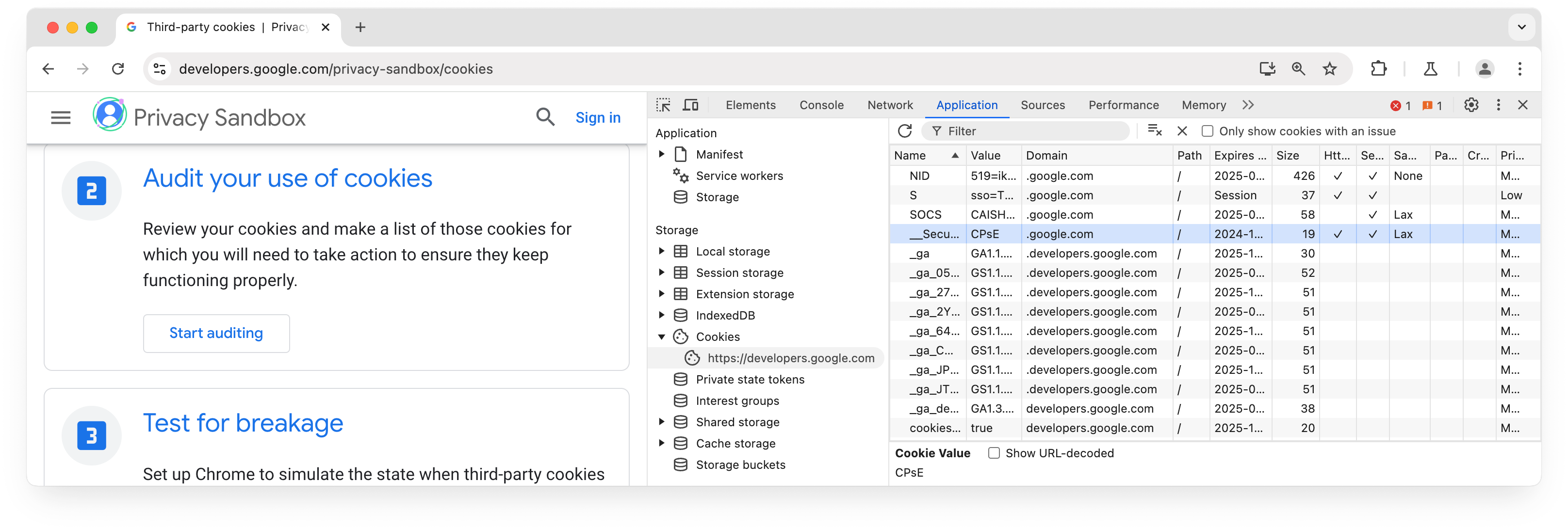 Chrome DevTools“Application”面板中的“Cookies”窗格，其中显示了网站 web.dev 的信息