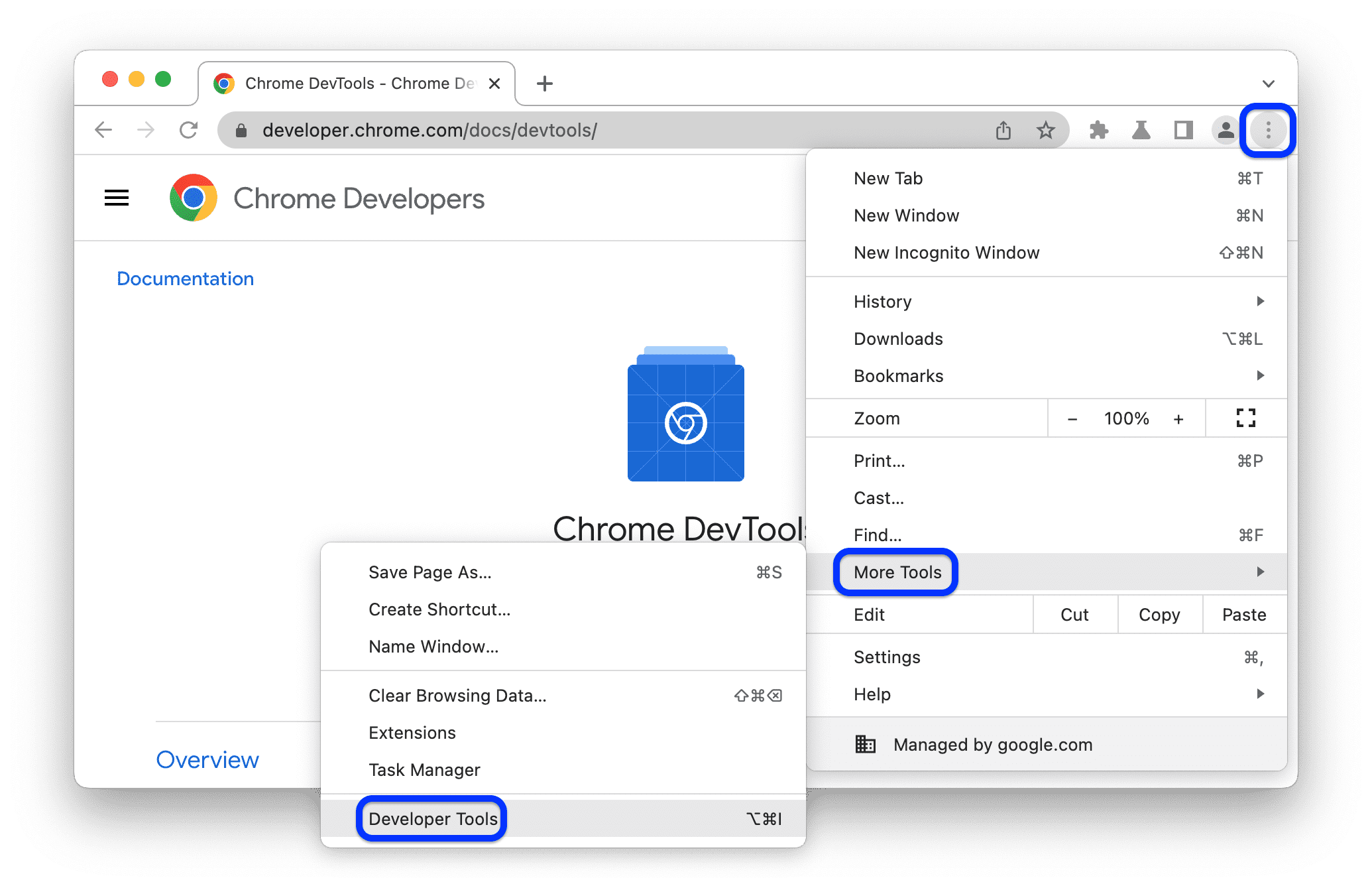 打开 Chrome DevTools：点击地址栏右侧的 ⋮ 按钮，然后依次选择“更多工具”>“开发者工具”