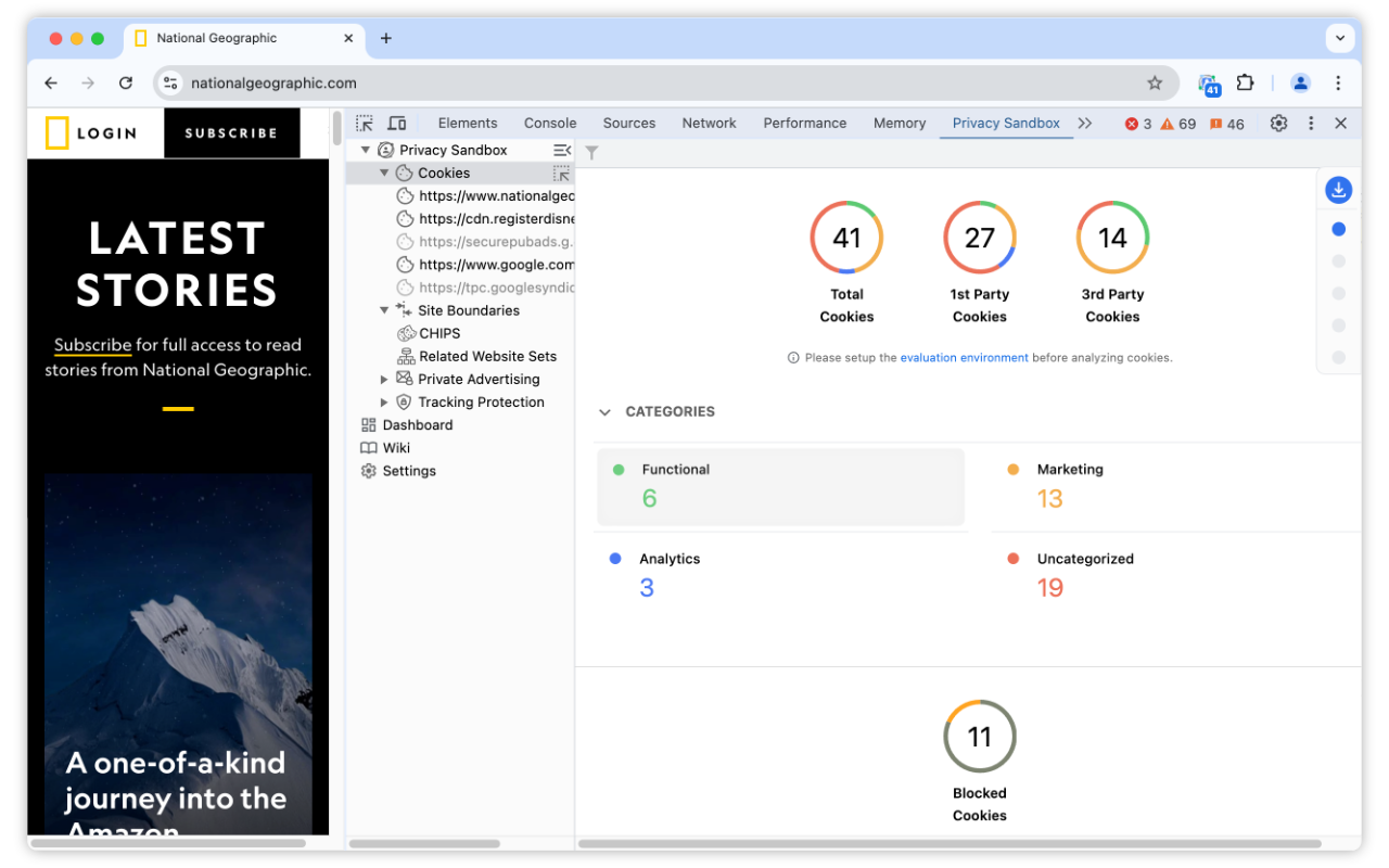 Privacy Sandbox Analysis Tool che mostra le informazioni sui cookie.