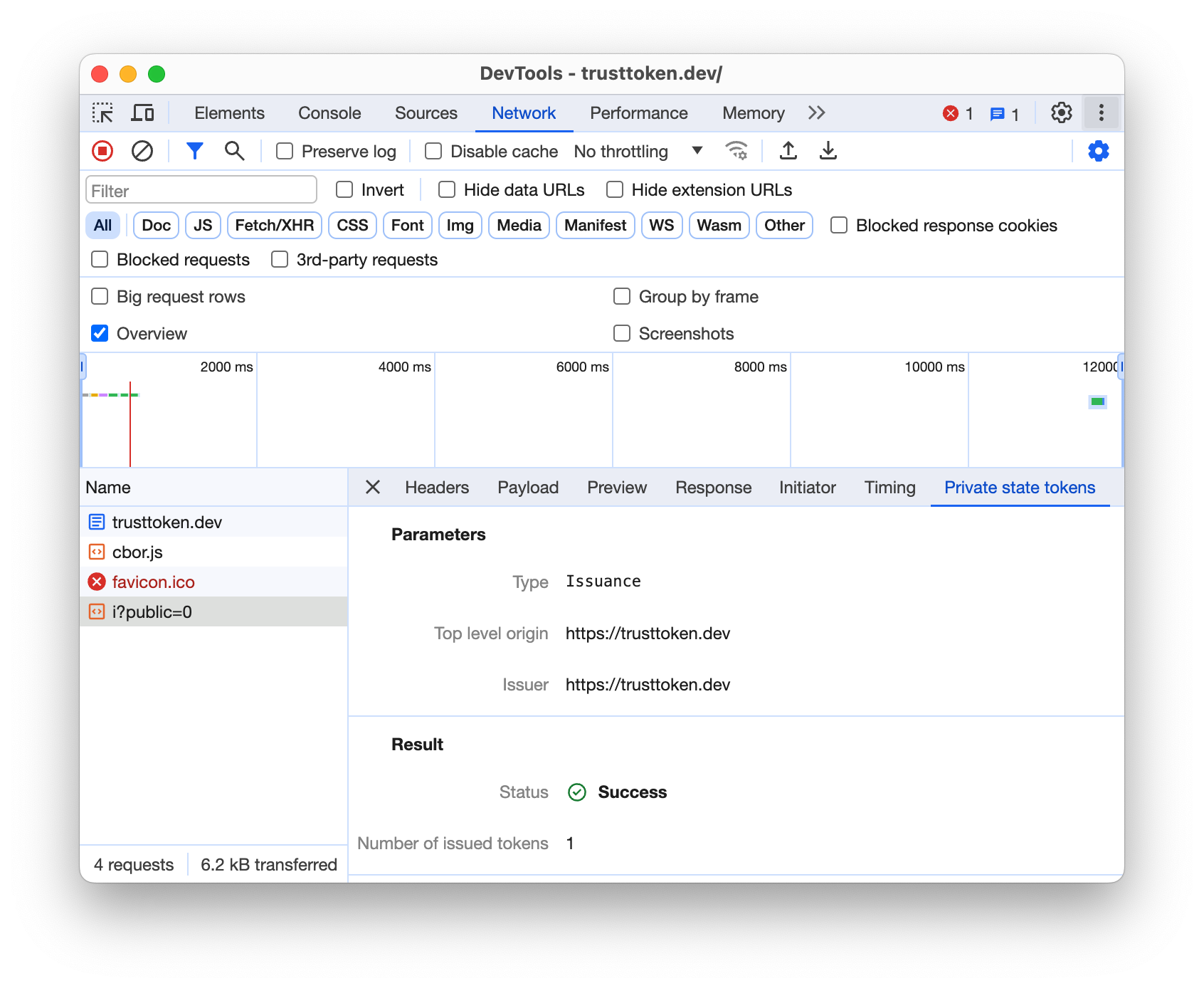 Inspeção do DevTools para a guia &quot;Network&quot;.