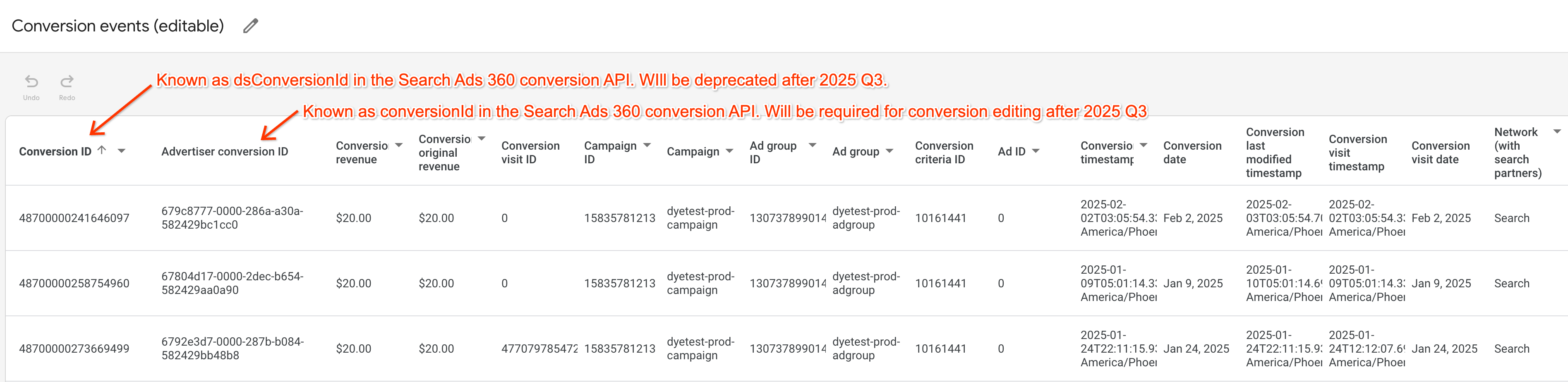 ID da conversão nos relatórios do SA360