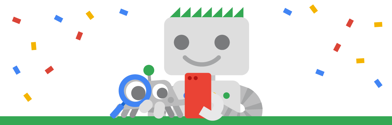 Googlebot 和 Crawley 拿着一部红色手机一起庆祝
