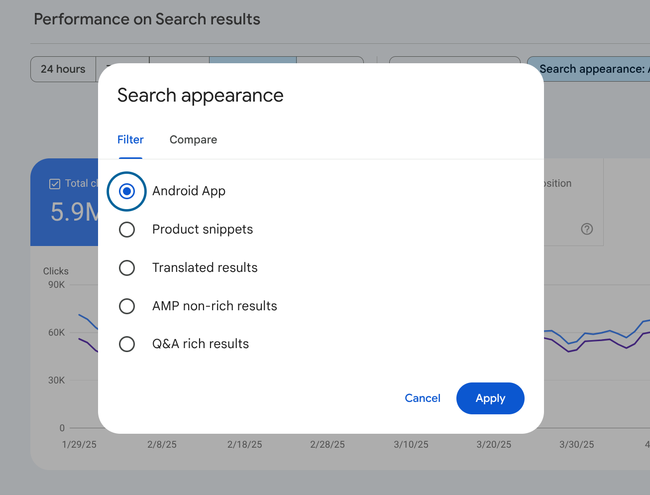Search Console 的效果报告，其中显示了 Android 应用搜索结果呈现过滤器