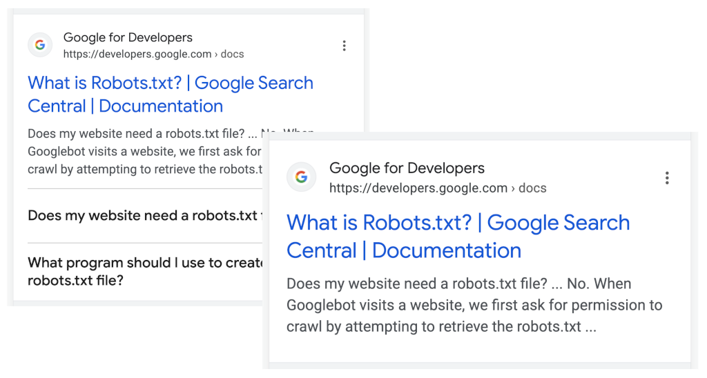 よくある質問のリッチリザルトを表示している検索結果と、表示していない検索結果