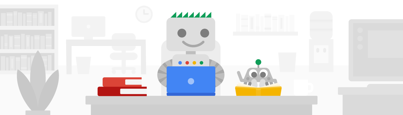 Googlebot 正使用笔记本电脑编写 Search Essentials，Crawley 在一旁看书