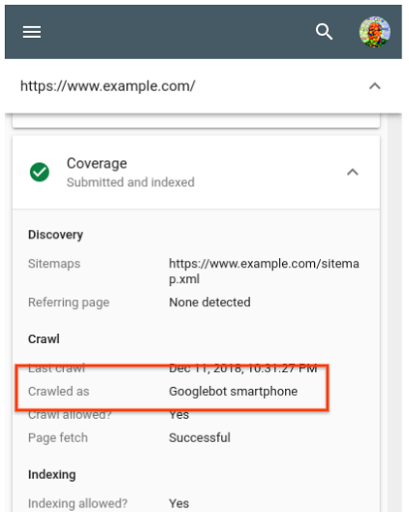Search Console 中网址检查工具的视图,其中突出显示了“抓取方式”字段