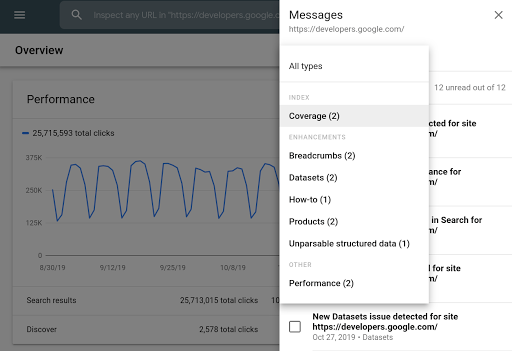 หมวดหมู่ของข้อความใน Search Console