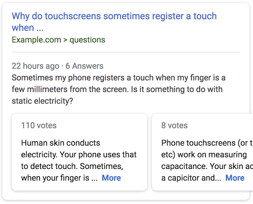 标题为“为什么触摸屏有时会在…情况下注册轻触”的网页搜索结果示例，其中包含该网页中的热门回答的预览。
