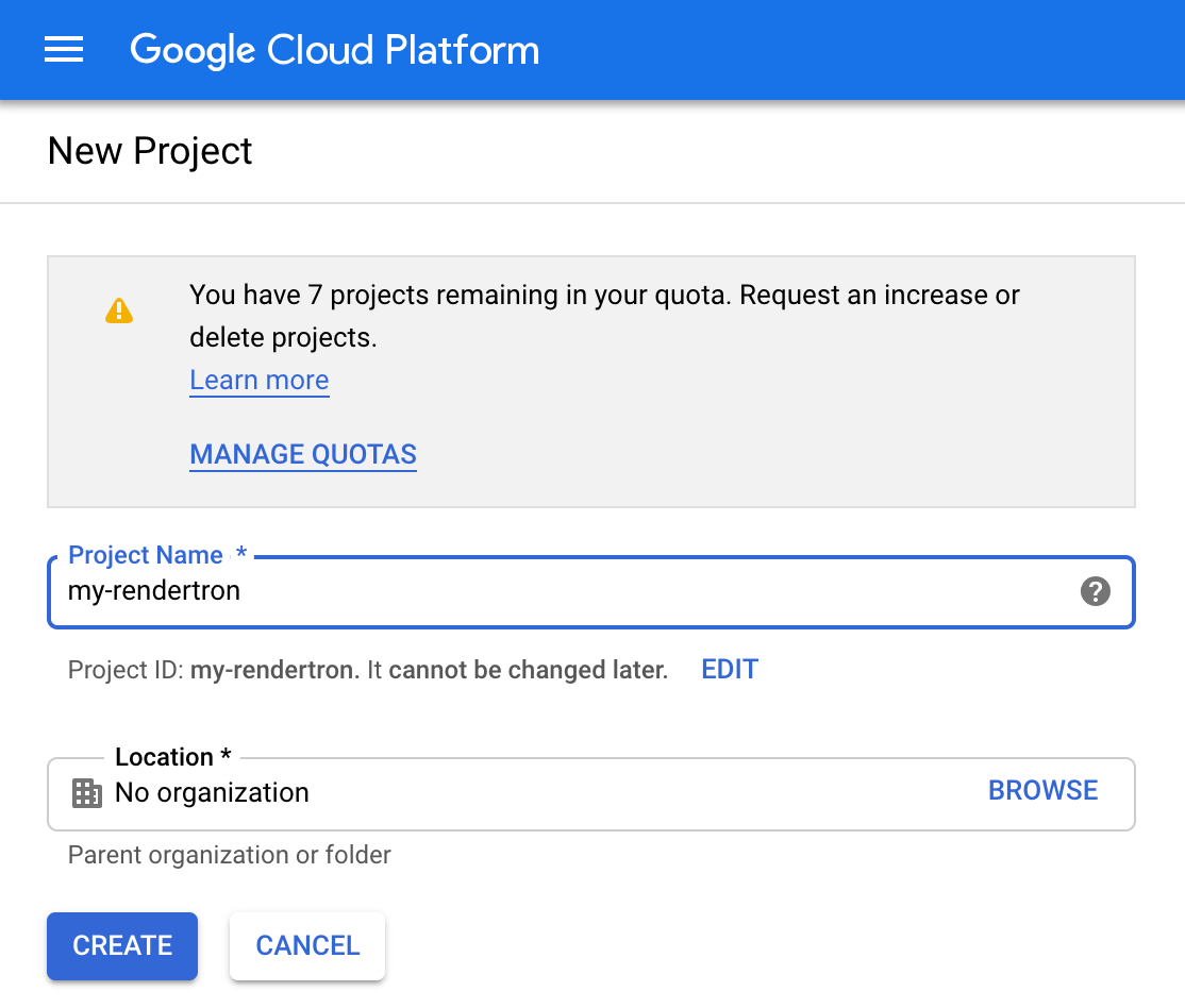 用于创建新的 Google Cloud Platform 项目的表单。