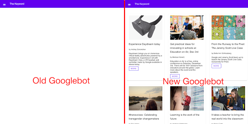 由 JavaScript 驱动的演示网站在旧版 Googlebot 中显示为空白，但在新版 Googlebot 中能正常运行。