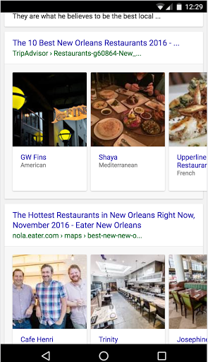 在新的轮播界面中显示最佳新奥尔良餐馆的搜索结果，您可以通过左右滚动浏览