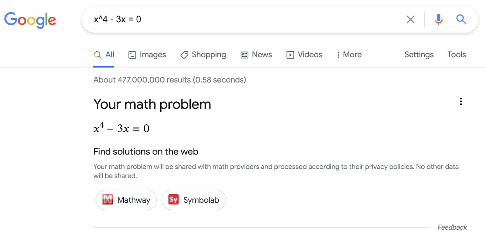 Google 搜索中的数学求解器富媒体搜索结果