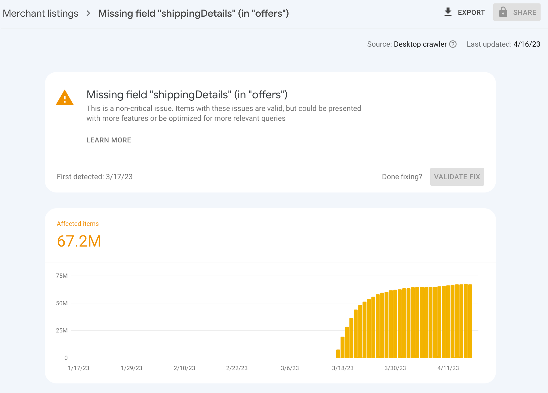 Capture d'écran du rapport Search Console sur les fiches de marchand