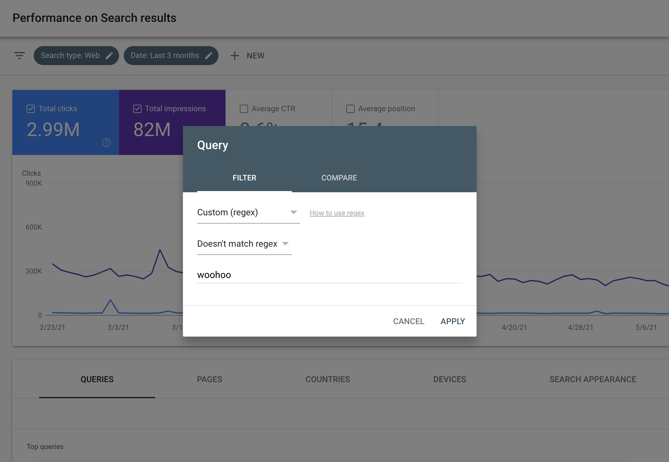 فلتر التعبير العادي في ‫تقرير أداء Search Console