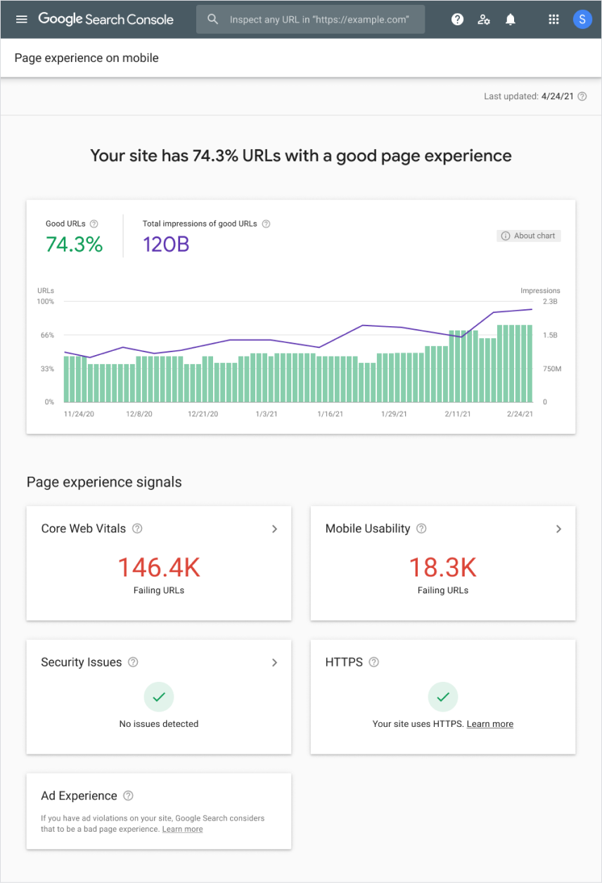 Laporan pengalaman halaman di Search Console