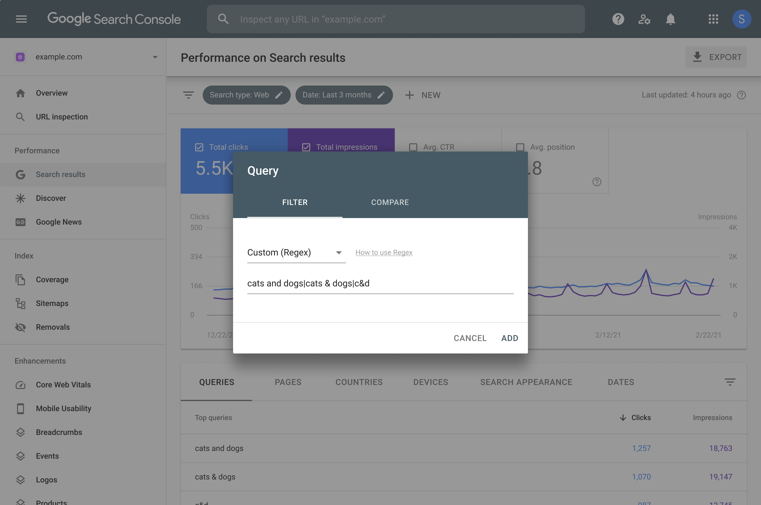 Search Console में, परफ़ॉर्मेंस रिपोर्ट के लिए रेगुलर एक्सप्रेशन फ़िल्टर