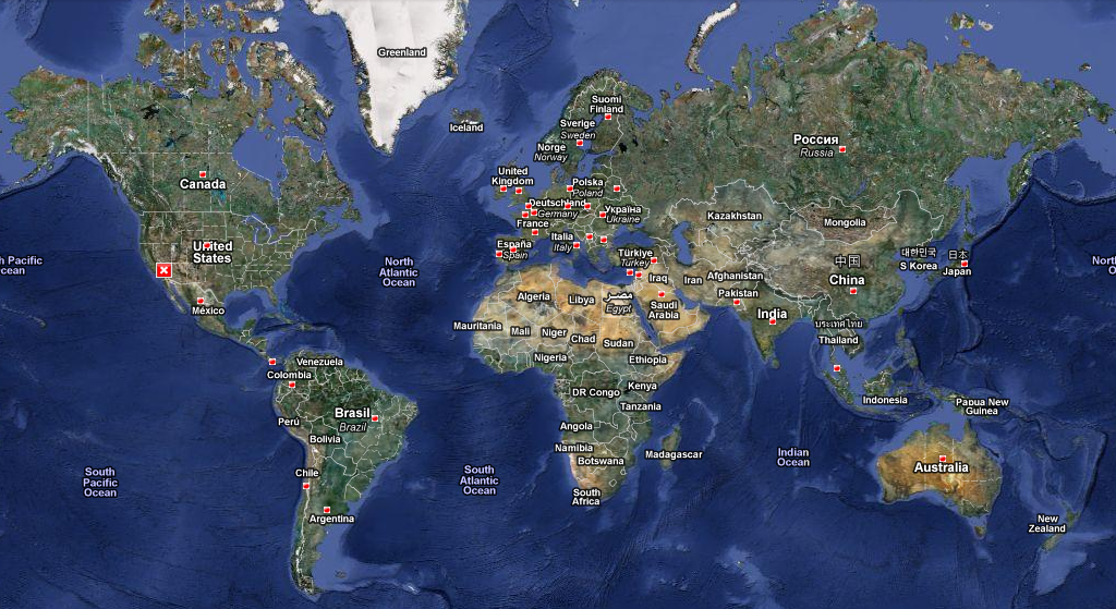 世界地图，其中用图钉标出了杰出贡献者所在国家/地区的位置