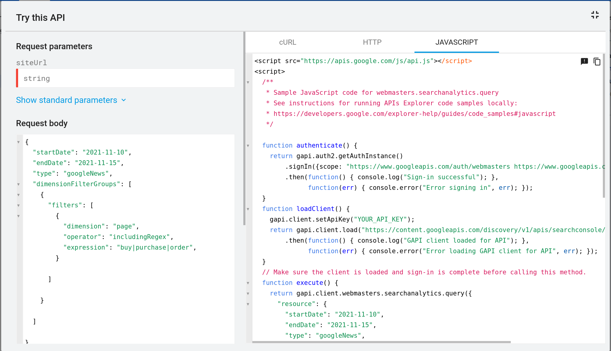 Yeni parametreleri içeren örnek Search Analytics API çağrısı