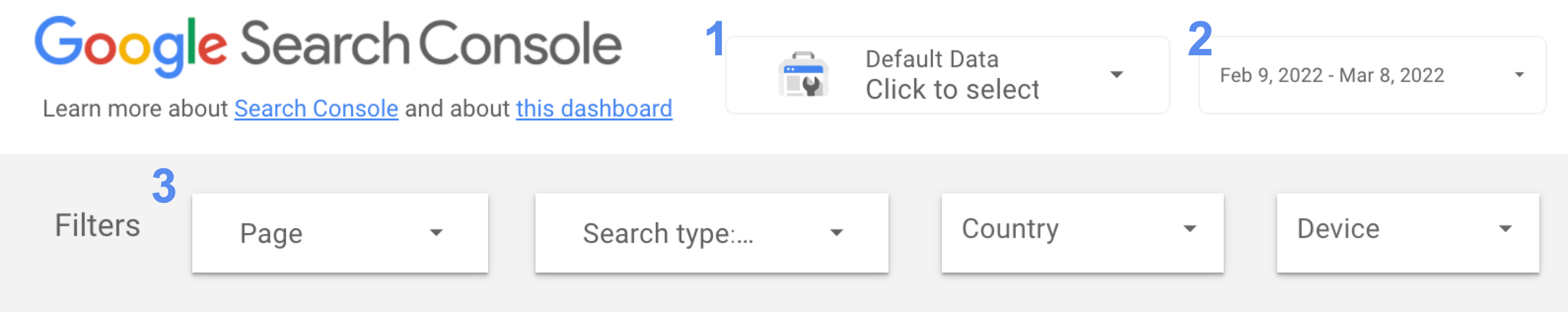 Options disponibles permettant de contrôler les données du tableau de bord