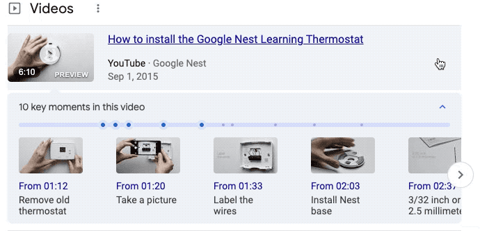 包含视频的 Google 搜索结果页，展示了重要时刻的显示方式。