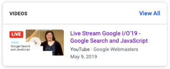 Google 搜索结果中，视频“LIVE”徽章的呈现方式示例。