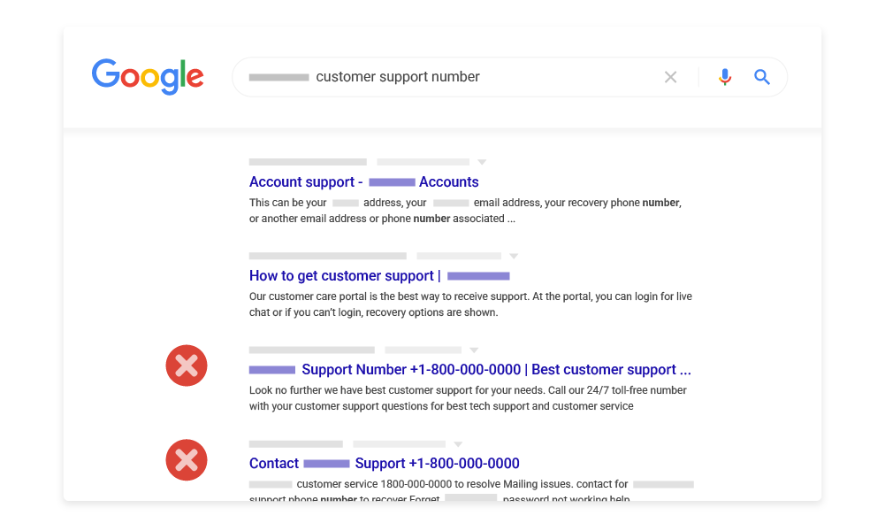 Пример мошенничества со службой поддержки клиентов в результатах поиска