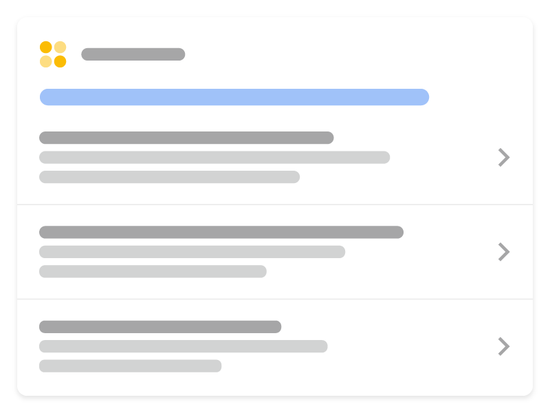 Ilustración de cómo puede aparecer una lista de cursos en la Búsqueda de Google. Muestra 3 cursos diferentes del mismo sitio web en formato de lista, de forma que los usuarios pueden consultar y seleccionar un curso específico.