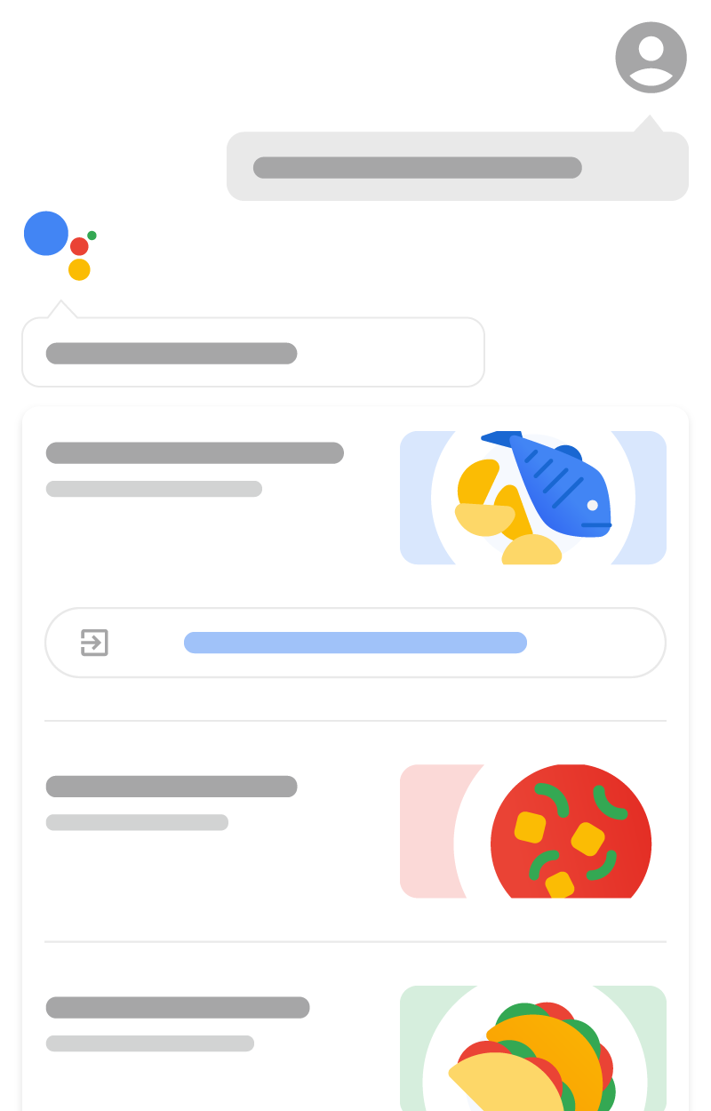 Ilustración de cómo pueden aparecer las recetas guiadas en Google Home mediante el Asistente de Google. Muestra al Asistente de Google respondiendo a la solicitud de un usuario con una lista de posibles recetas para cocinar.