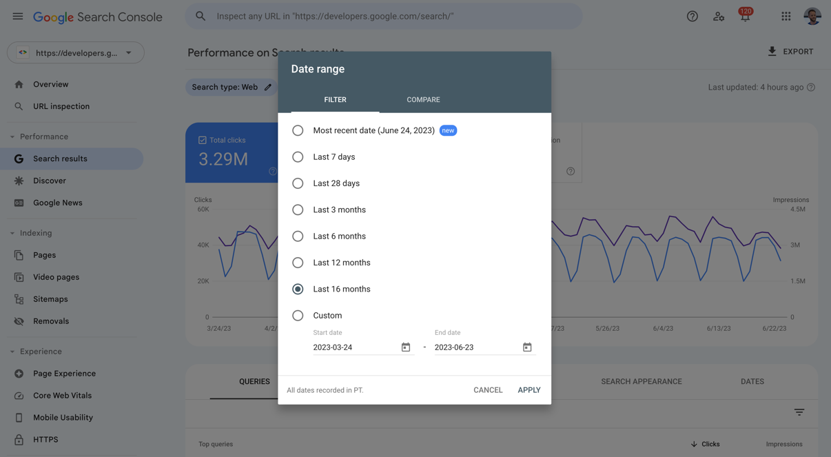 Отчет об эффективности в Search Console с использованием фильтра по диапазону дат "Последние 16 месяцев"