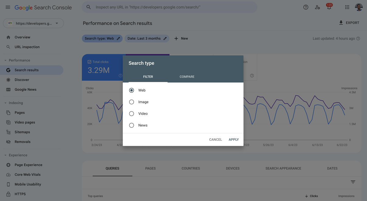 Search Console 效果报告中的搜索类型过滤器