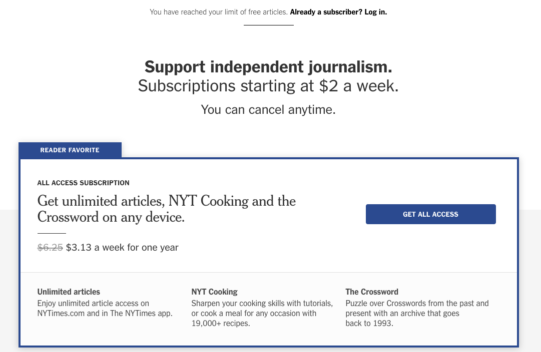 Un ejemplo de muro de pago del New York Times que muestra que el lector alcanzó el límite de artículos