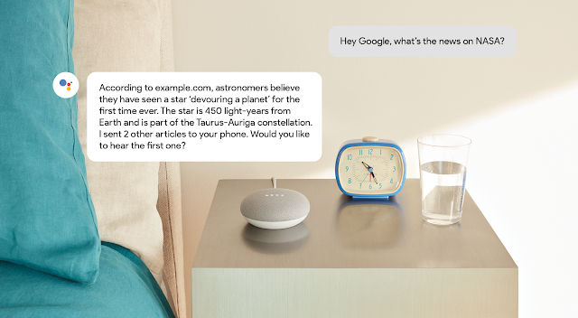 Beispiel für einen vorlesbaren Text, in dem eine Unterhaltung mit Google Home zu sehen ist. Jemand fragt Google Home nach den aktuellen Nachrichten zur NASA. Google Home antwortet mit einer Liste aus drei Nachrichtenartikeln.