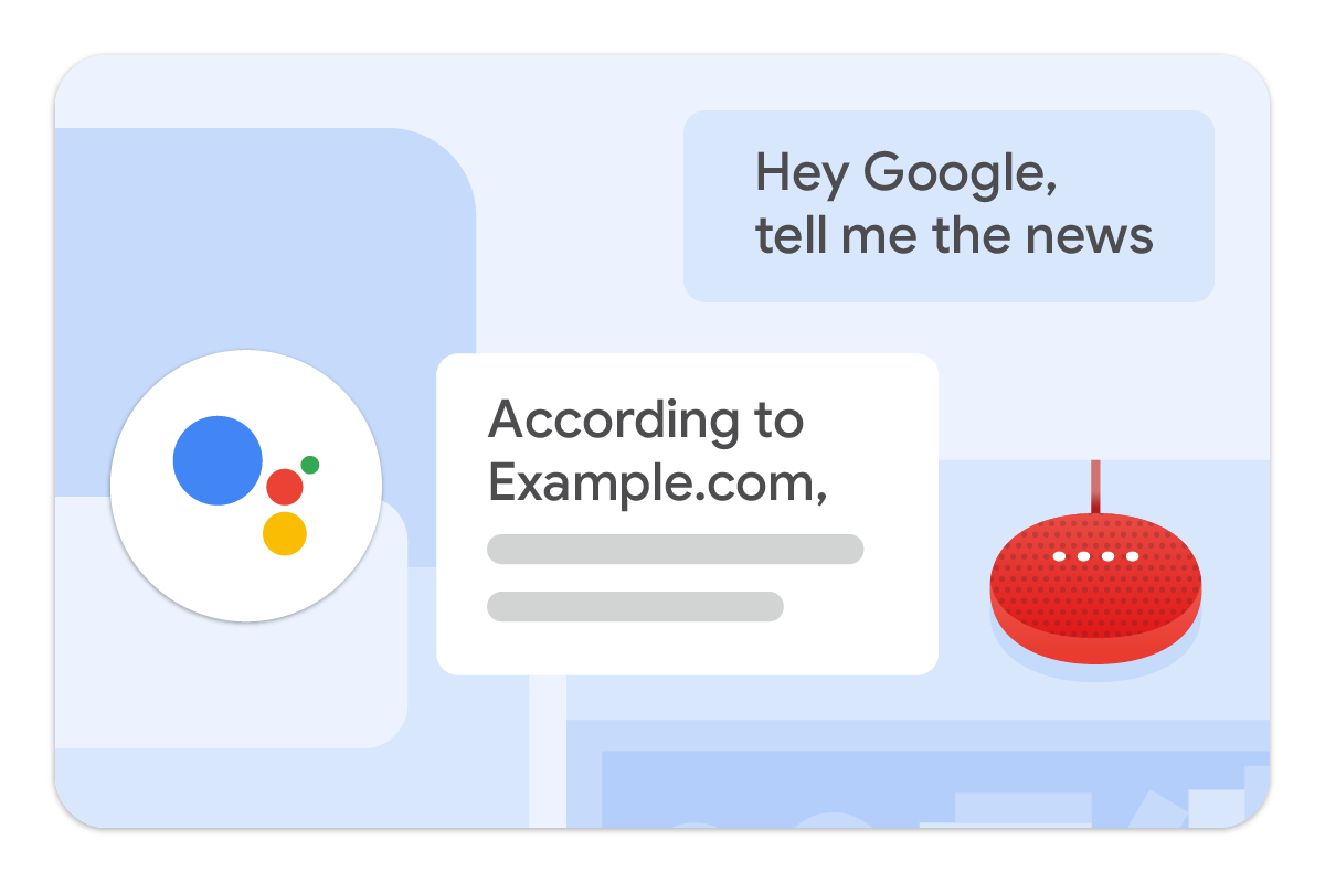 显示与 Google Home 之间对话的可朗读示例。用户询问 Google Home 美国国家航空航天局有什么最新消息。Google Home 返回了一个包含 3 篇新闻报道的列表。