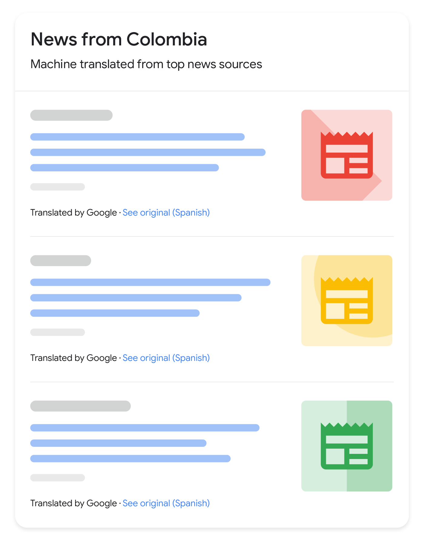 مثال على شكل ظهور النتائج الإخبارية المترجَمة في &quot;بحث Google&quot;