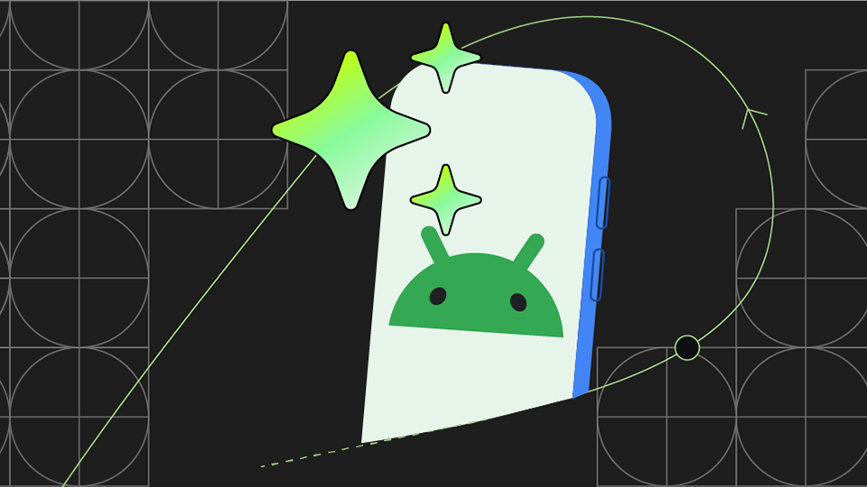 Смартфон с логотипом Android на экране и плавающими вокруг него звездами.