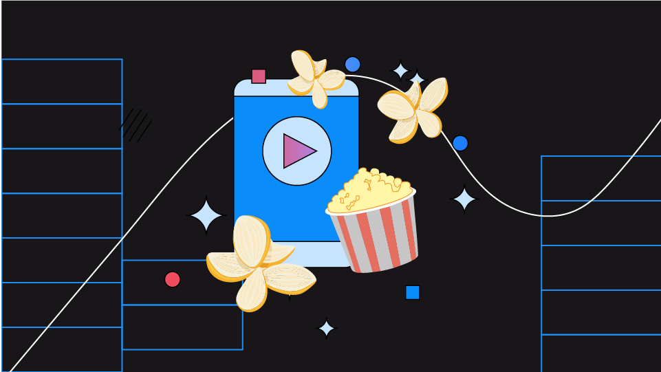 Smartphone affichant un bouton de lecture, entouré d&#39;un paquet de pop-corn et de pétales de fleurs stylisés