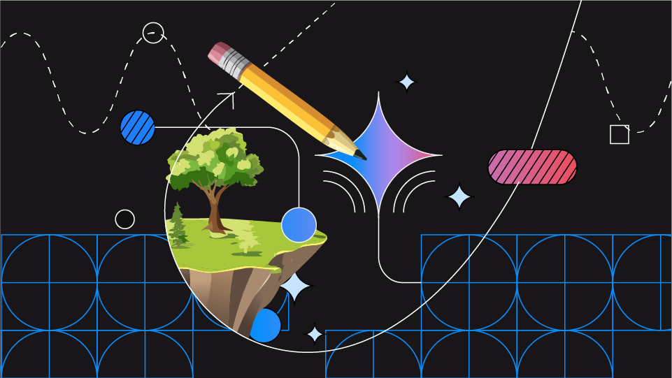 ดินสอและภาพทิวทัศน์ของต้นไม้บนเกาะลอยน้ำ