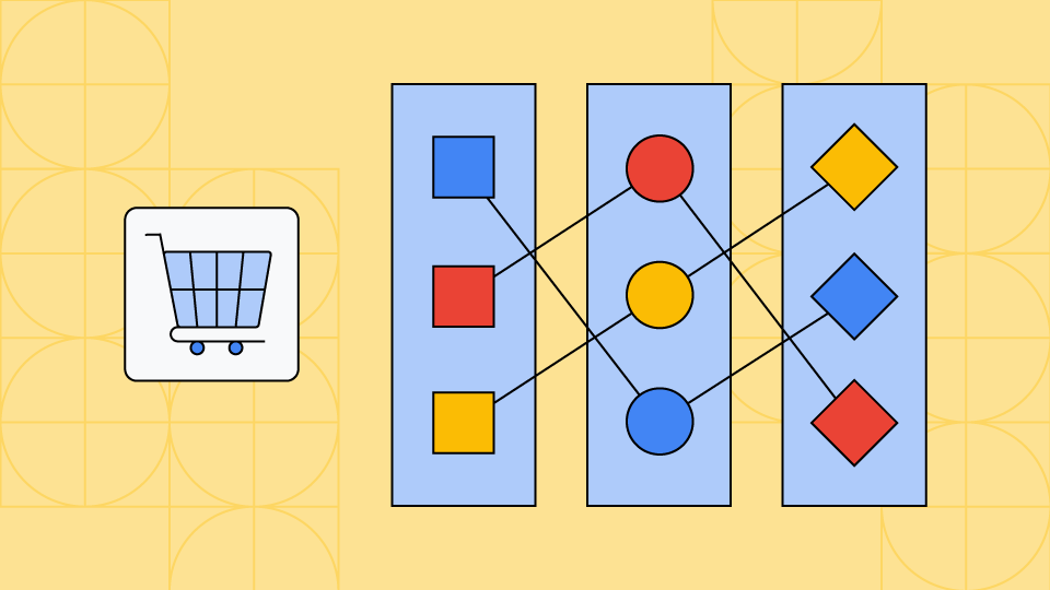 giỏ hàng màu xanh dương và một dãy các hình tròn và hình vuông được nối với nhau bằng một loạt đường thẳng