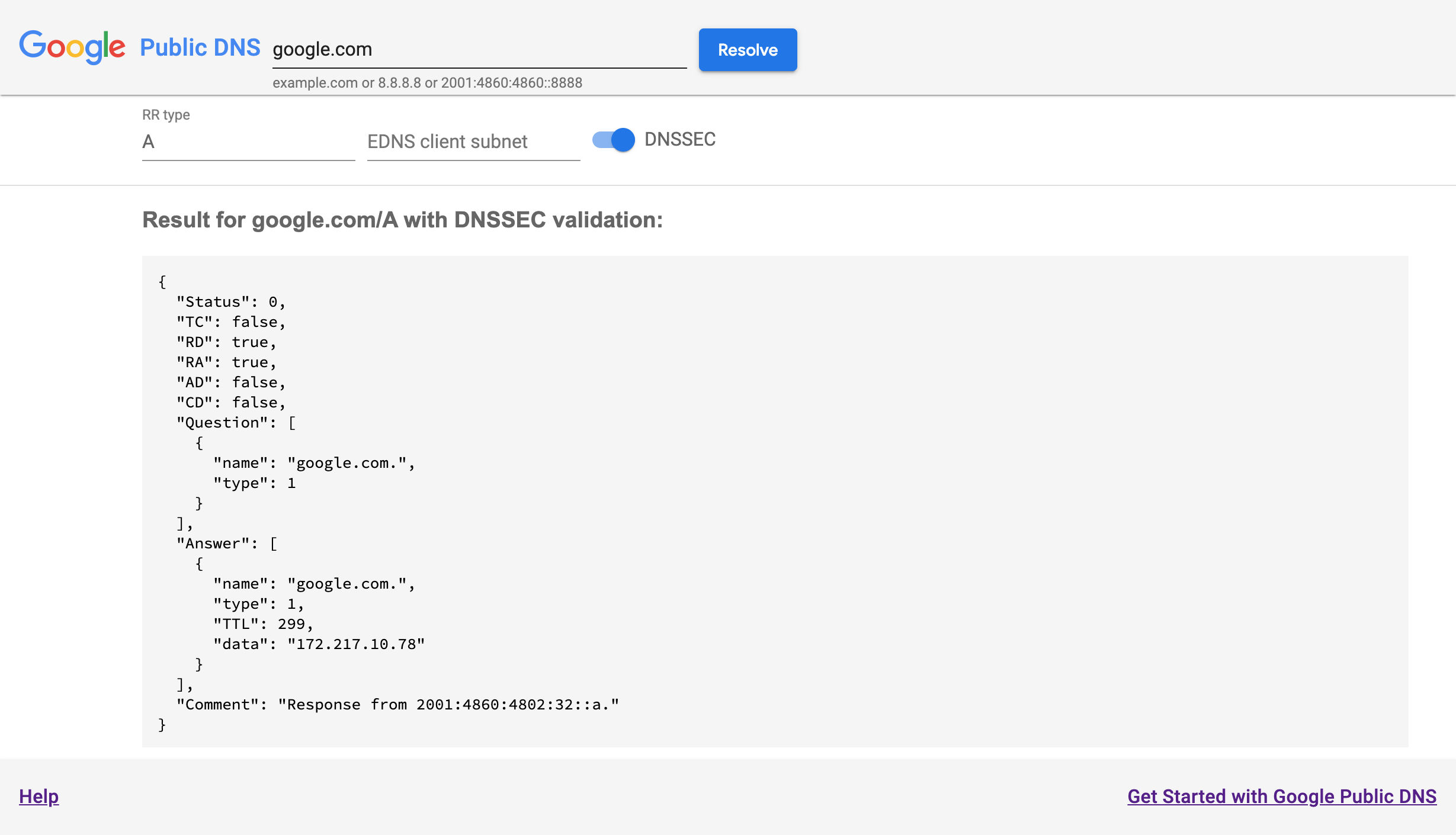 Página de detalles del DNS público de Google