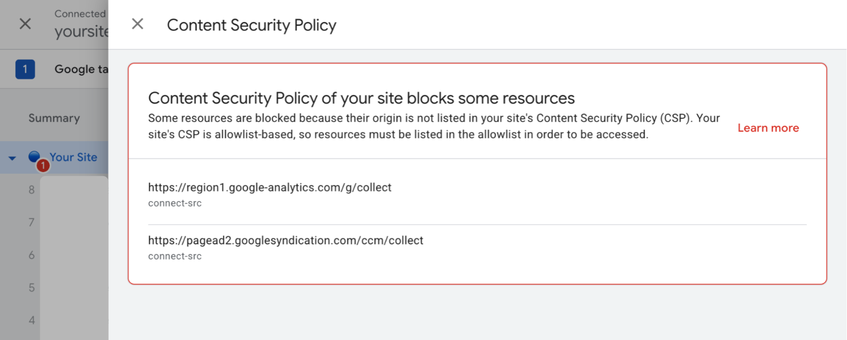 Screenshot di Tag Assistant che mostra il cursore del problema relativo a CSP