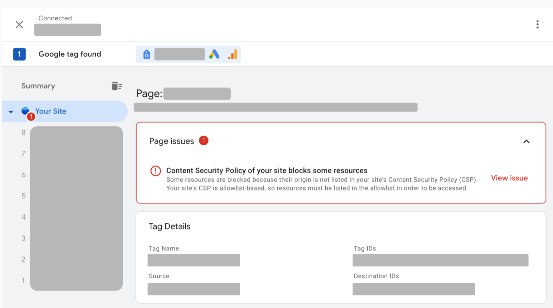 Screenshot des Tag Assistant mit CSP-Problem