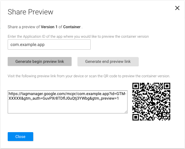 URL pratinjau tersedia di jendela pratinjau antarmuka web Tag Manager