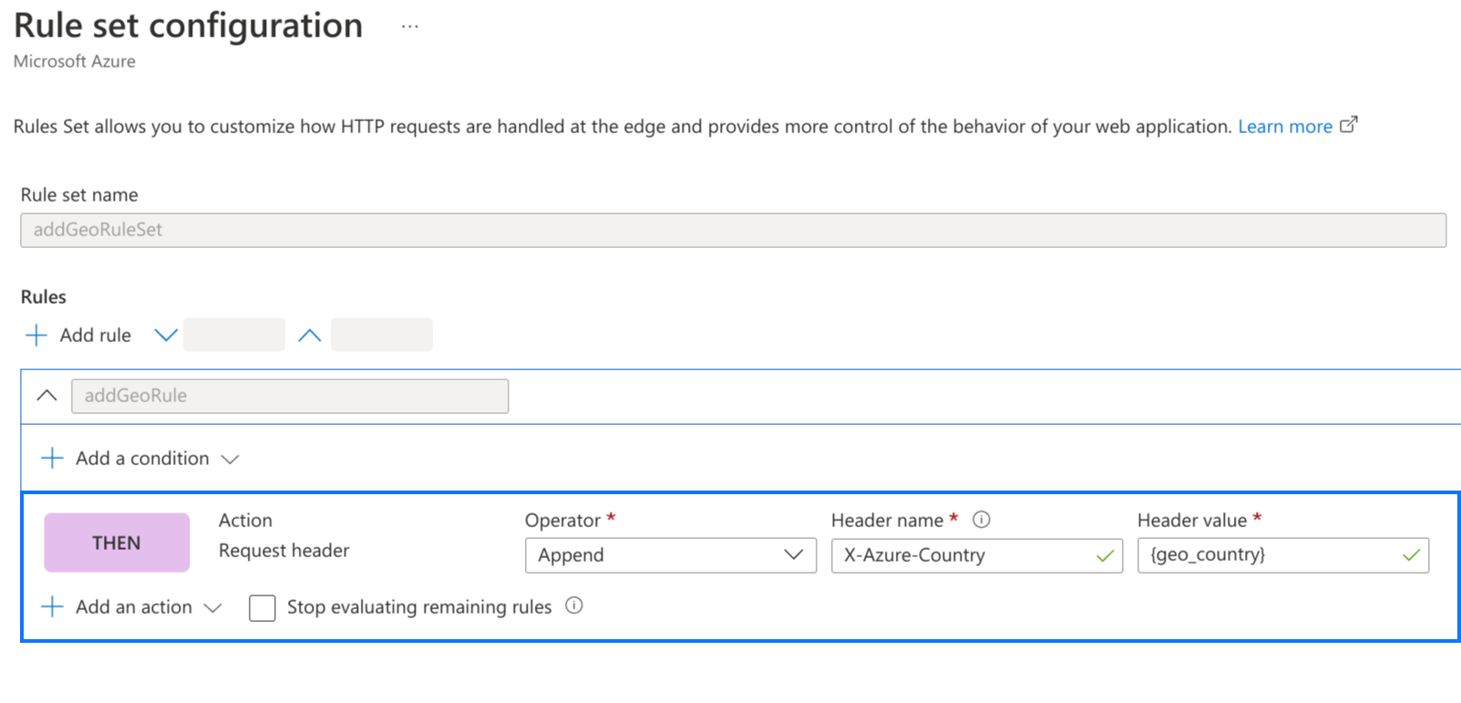 Captura de pantalla de la configuración de la puerta de enlace de Azure