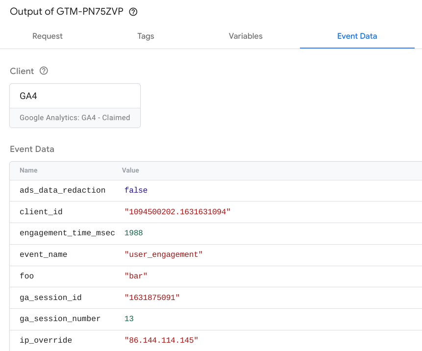 Tag Manager के इवेंट डेटा टैब का स्क्रीनशॉट