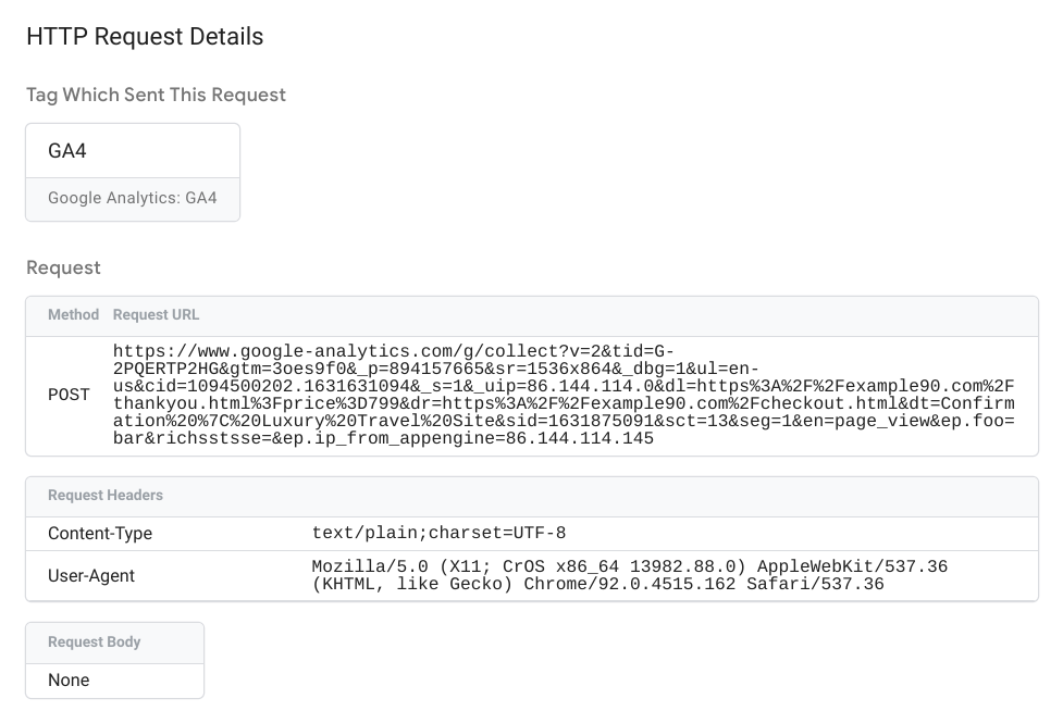 צילום מסך שבו מוצגים פרטי הבקשה היוצאת של Tag Manager