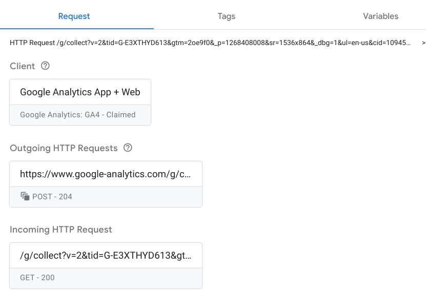 Tag Manager के अनुरोध टैब का स्क्रीनशॉट