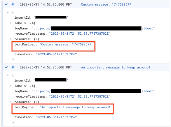 screenshot dari Logs Explorer GCP, yang menampilkan contoh
log.