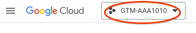 Screenshot del selettore di progetti Google Cloud che mostra un ID contenitore di Tag Manager di esempio.
