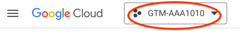 GCP 项目选择器的屏幕截图,其中显示了一个示例跟踪代码管理器容器 ID。