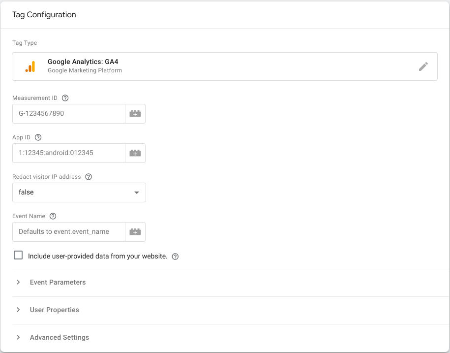 Image showing the Google Analytics: GA4 tag settings in Tag Manager